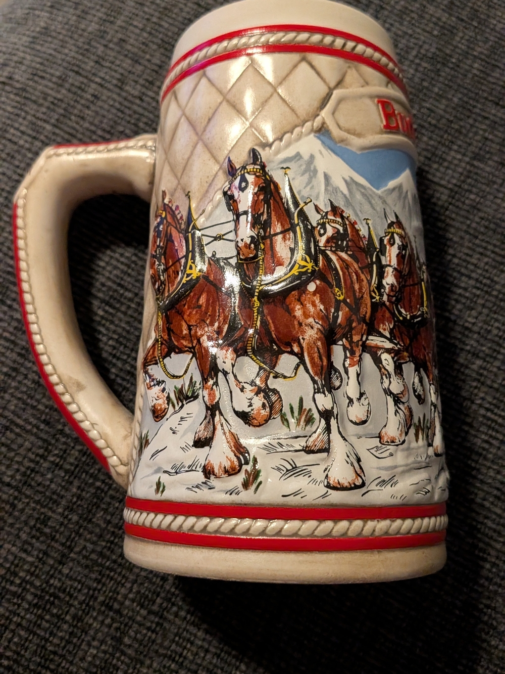 Budweiser Ceramic Stein with Red and Cream Clydesdales